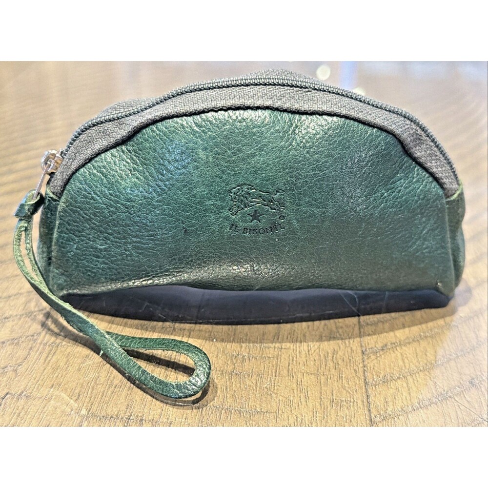 IL BISONTE Leather Pouch Small  Zip Coin Purse green Genuine Leather Italy